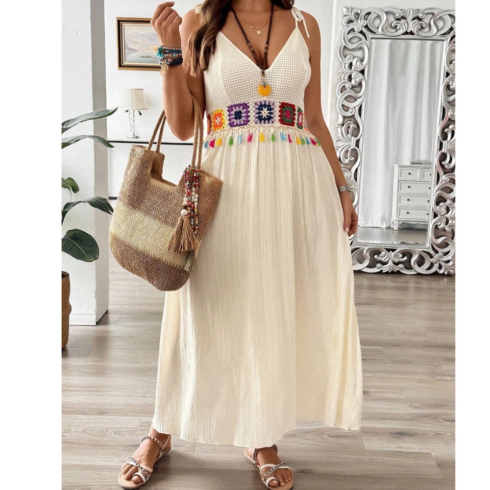 Plus Granny square Crochet Tassel Detail High Waisted Cami Dress - Picture 5 of 7